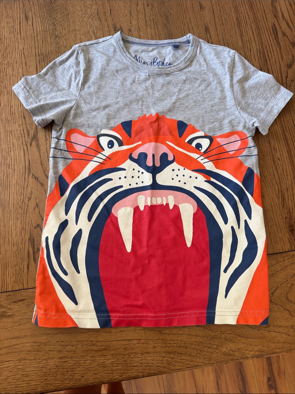 Boys 7-8 Mini Boden Grey Tee with Bold Orange & Navy Tiger Face